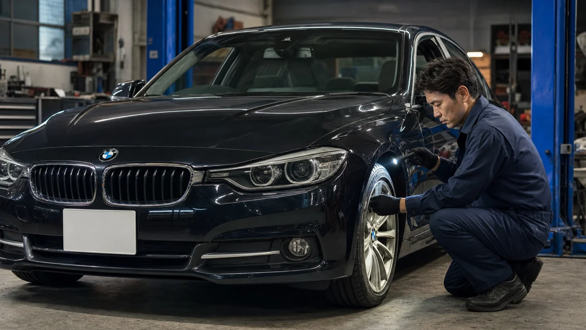 BMWの足回りを点検する日本人整備士
